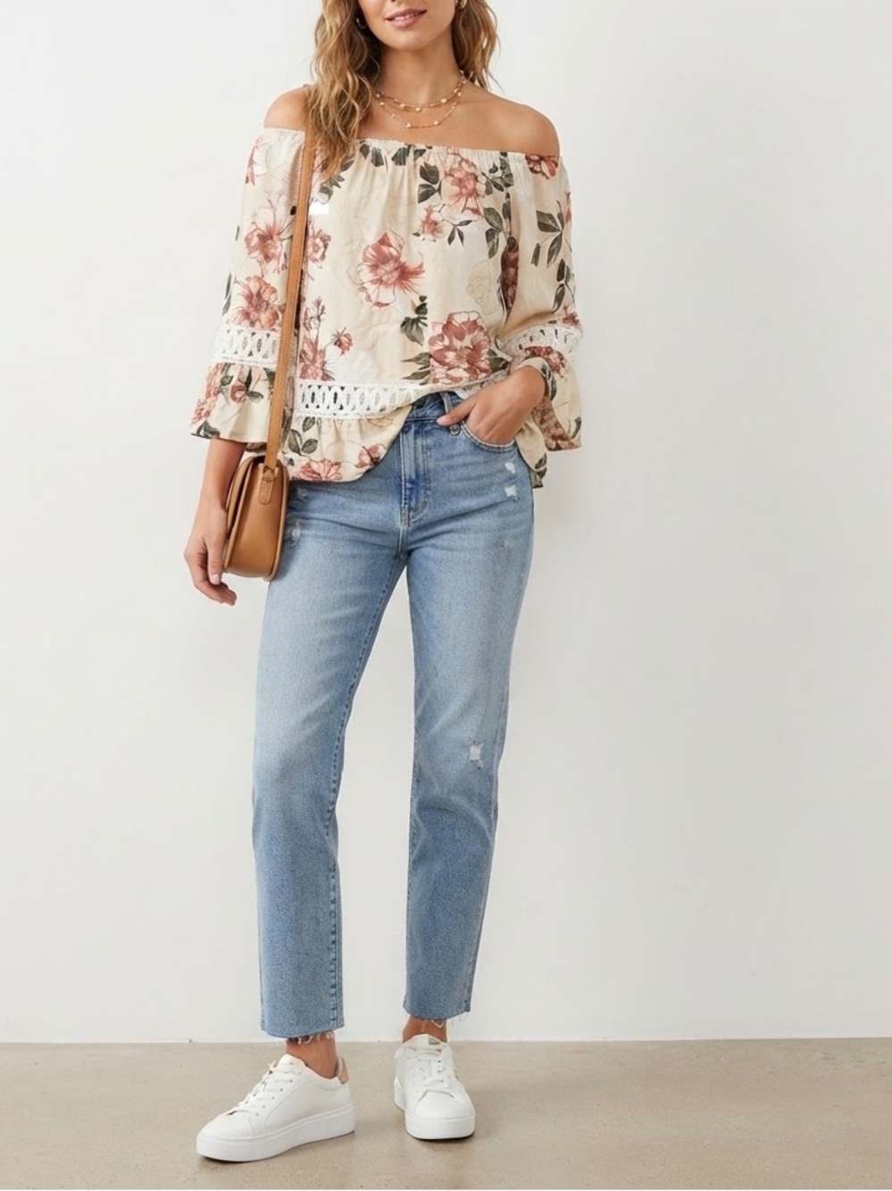 Unique Spectrum Floral Crochet-Trim Off-Shoulder Blouse in Beige and Rust